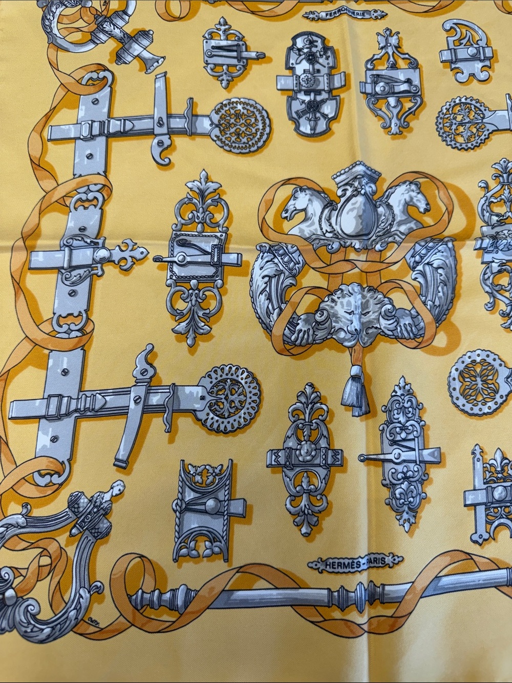 Hermes Yellow and Gray Decorative Hardware Print Silk Scarf